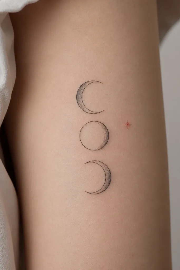 Three moon phases arranged vertically, each outlined in black with one filled crescent shade. A single small spark sits off to the side in red dotwork.