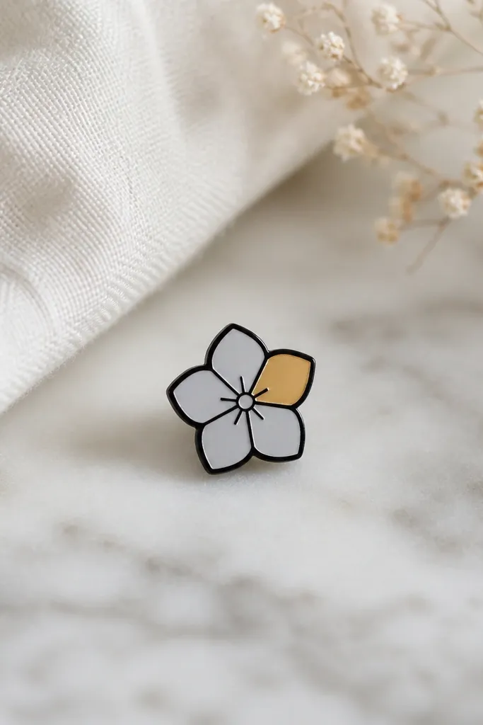 A small flower with a clean black outline and five petals. Four petals are black linework with pale gray fill, and one petal has a muted gold tint.