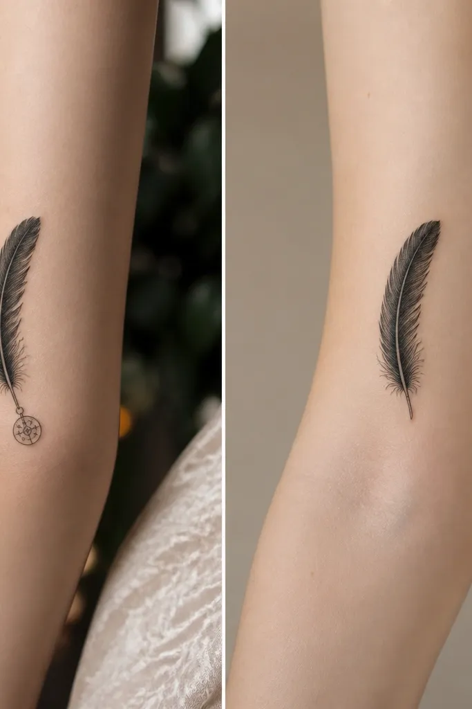 A raven feather with a slightly curved shaft and barbs, plus a tiny circular sigil charm attached near the base on only one tattoo. The other tattoo shows the feather alone.