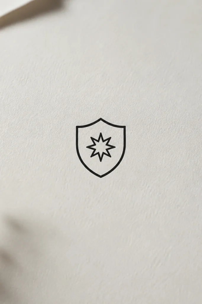 A small shield outline in black with a starburst cutout in the center. The starburst points are made from negative space, with no gray fill.