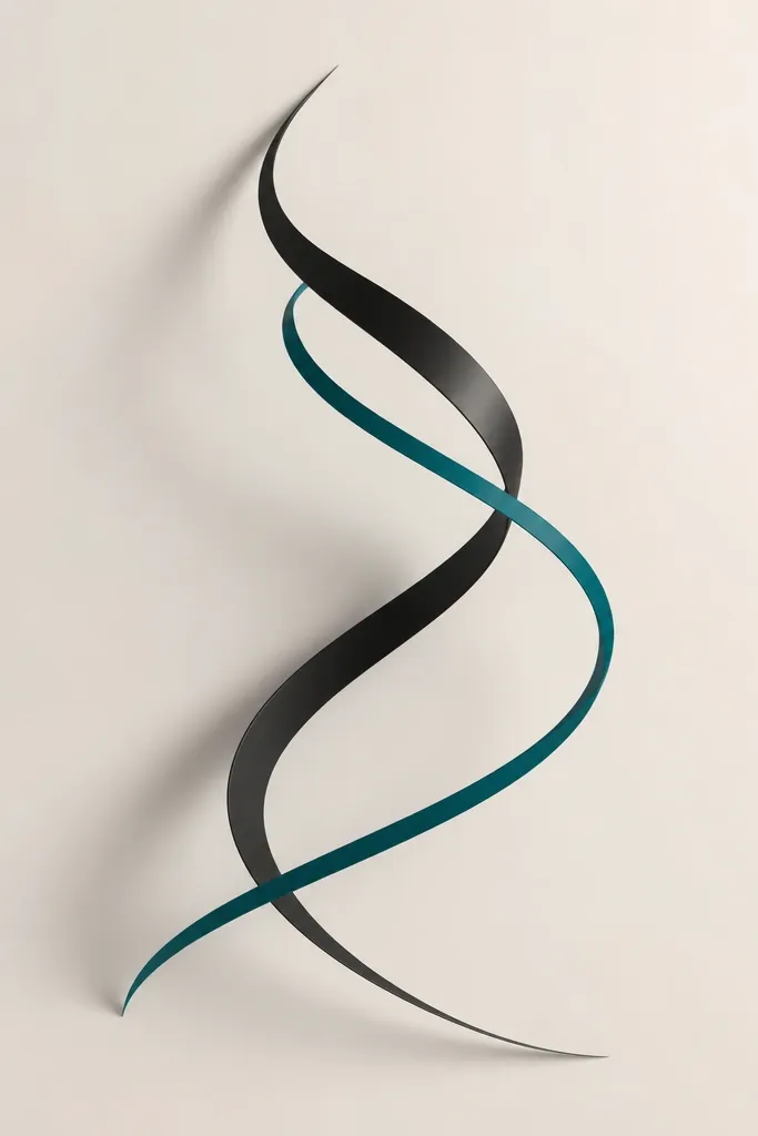Two flowing swirl lines that twist around each other. One line is black with a soft gray shadow, the other line is a dark teal accent with minimal fill.