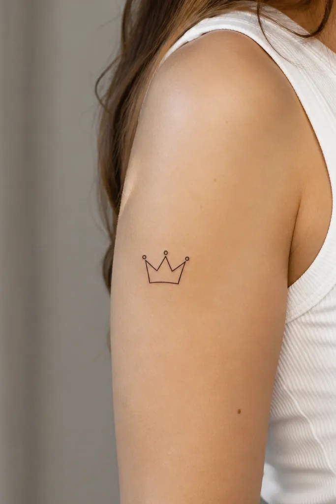A small crown outline in black ink with three points, each point capped with a single dot; no fill, just crisp linework on the upper outer arm.