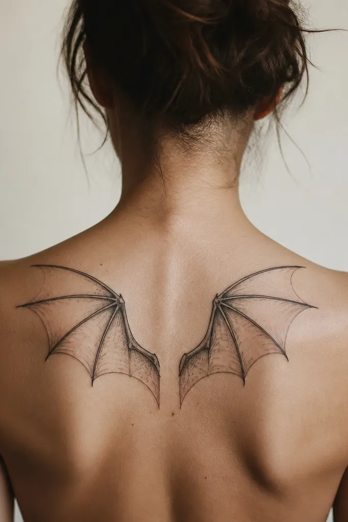 A pair of bat wings drawn in black ink with lots of negative space between feathers; the wings taper toward the top and sit horizontally across the shoulder blade.