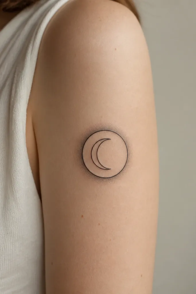 A circular moon sigil: a black outlined circle with a smaller crescent inside, plus a soft gray gradient halo around the outer ring on the upper arm.