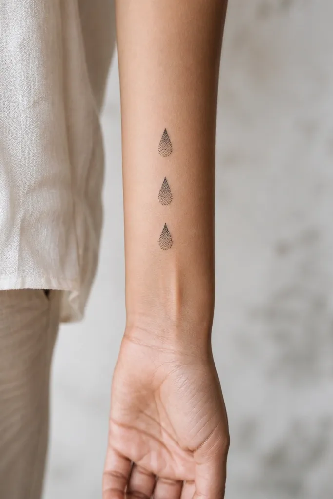 Three small teardrops stacked vertically, each teardrop made of dotwork that fades from dark at the top to light at the bottom, on the inner forearm.