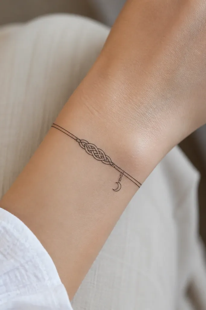 A small bracelet-style knot charm with interwoven lines and a tiny dangling crescent at one end, drawn in black ink on the outer wrist.