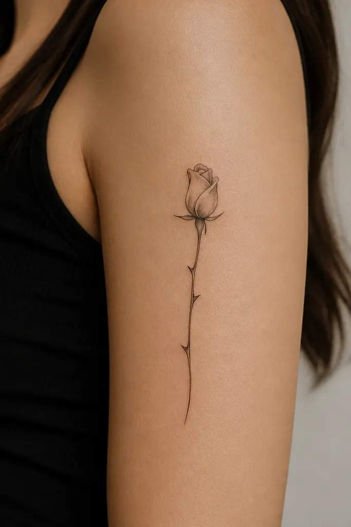 A small rosebud with a single line rose stem and three thorns, drawn in black ink with light gray shading at the base of the petals on the upper arm.