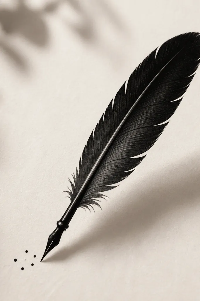 A quill pen silhouette in black ink angled diagonally, with a small cluster of five tiny dot sparkles near the tip; faint gray shading on the quill shaft.