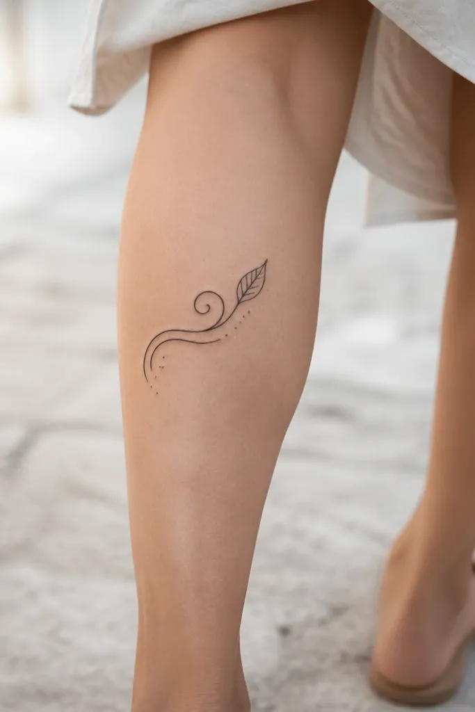 A black wind swirl line with a single leaf shape attached near the end, with tiny dot accents around the swirl on the outer calf.