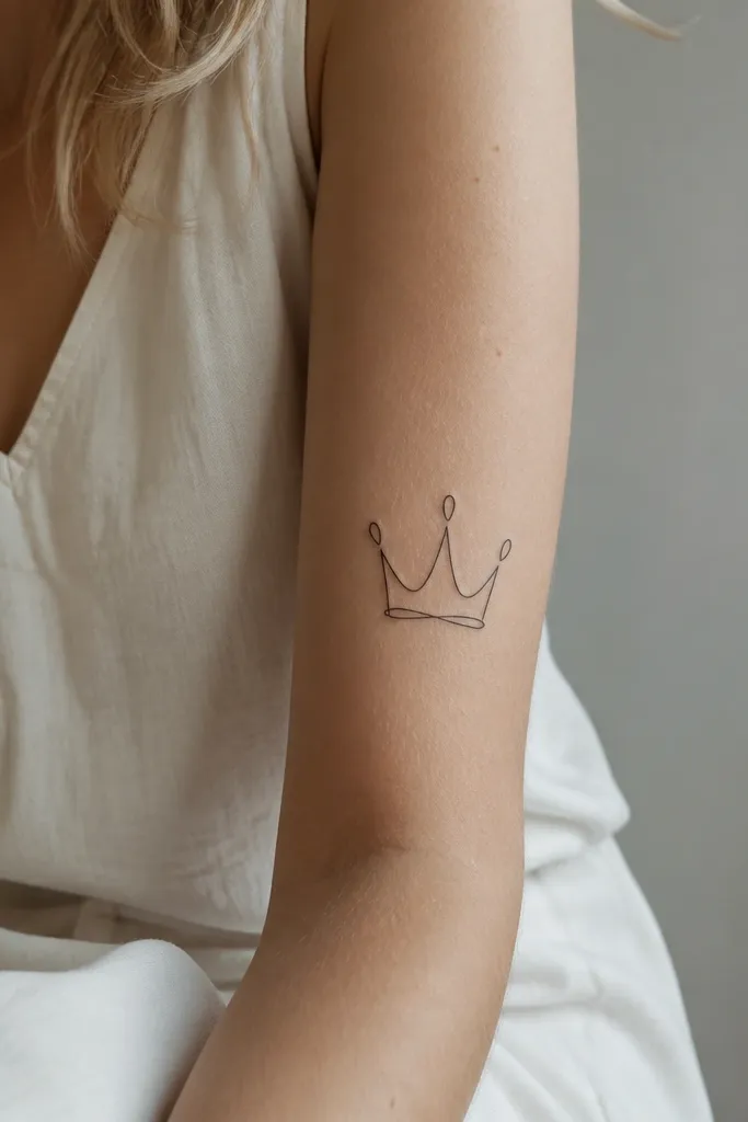 A thin black outline crown drawn in one continuous line, no fill, sitting vertically on the outer forearm.