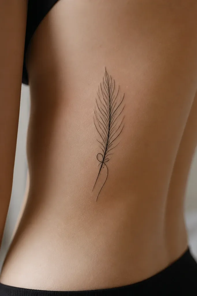 A minimalist feather drawn with smooth tapering lines, attached to a small loop like thread wrapping around the shaft, in fine black ink on the side of the ribcage.