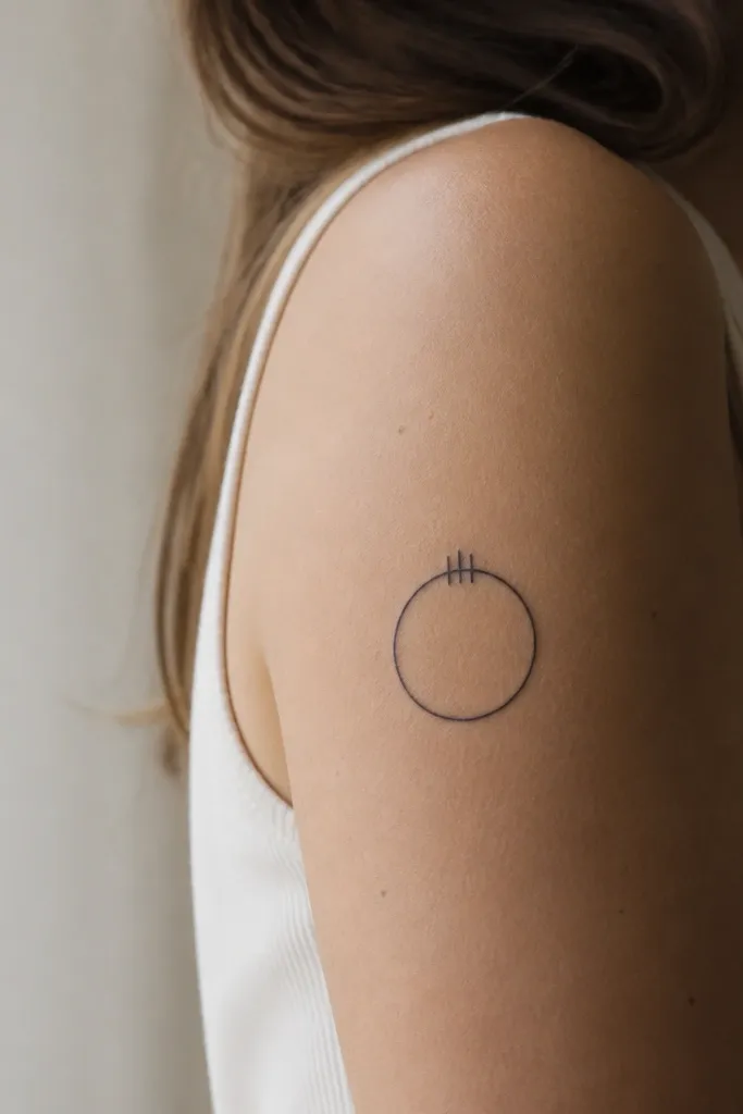 A thin circular ring with three short marks at the top like a cauldron lid, drawn in black on the upper arm.