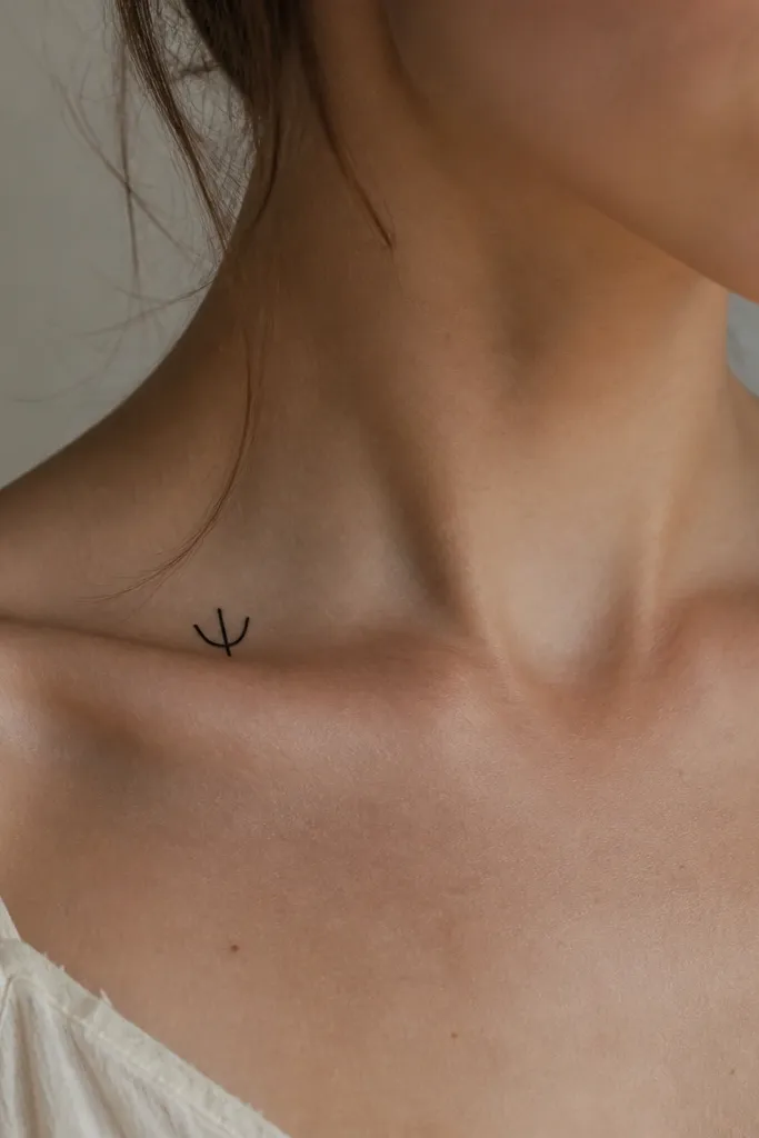 A simple three-prong symbol like a trident notch, drawn with clean black lines on the collarbone.