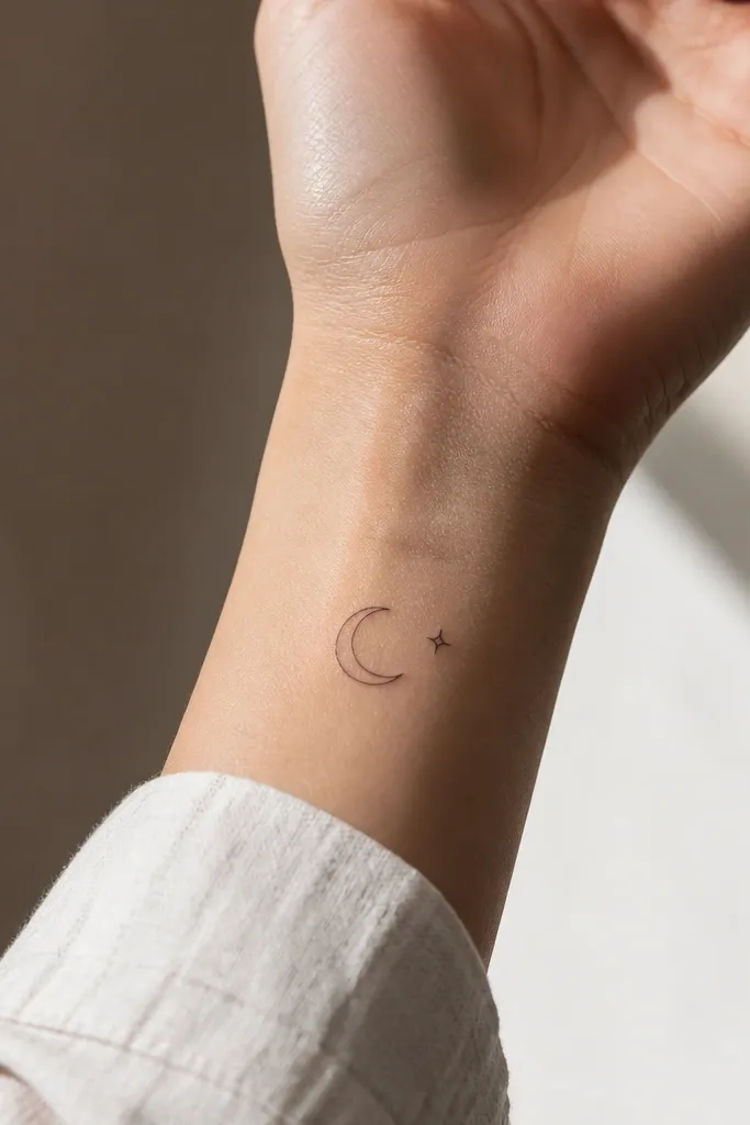 A thin crescent moon outline with one tiny four-point sparkle to the right, in fine black ink on the wrist.