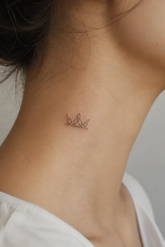 A tiny crown outline made from interlocking loops, no fill, in black ink on the side of the neck.