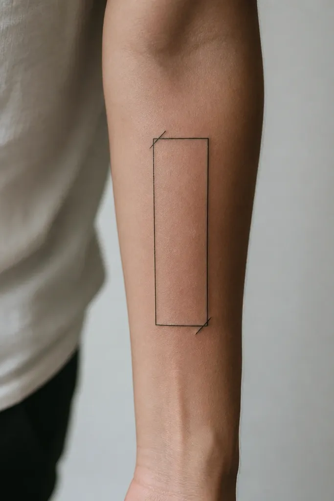 A thin rectangular frame with two small diagonal ticks on the corners, in black ink on the forearm.