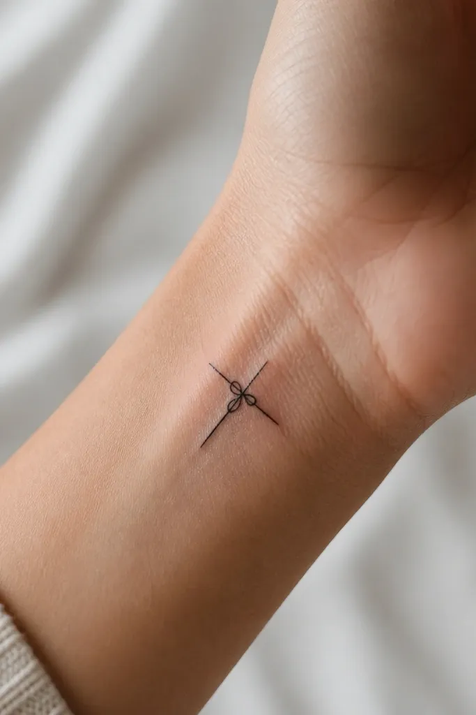 A small cross made from two thin lines with a single thread-like curve wrapping over the center, black ink on the wrist crease.