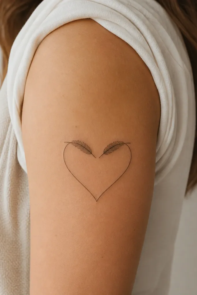 A heart outline drawn in thin black lines with two small feather barbs at the top, no fill, on the upper arm.