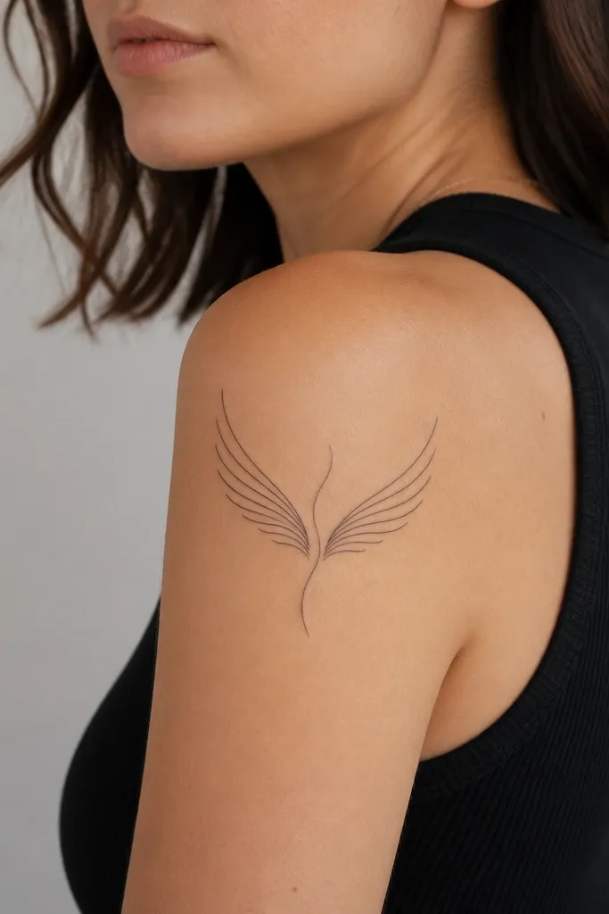 A fine-line tattoo of two wing-like curves fanning outward, with a thin veil line crossing the center. The design sits on the upper arm near the shoulder, black ink only, with clean white gaps between wing segments.