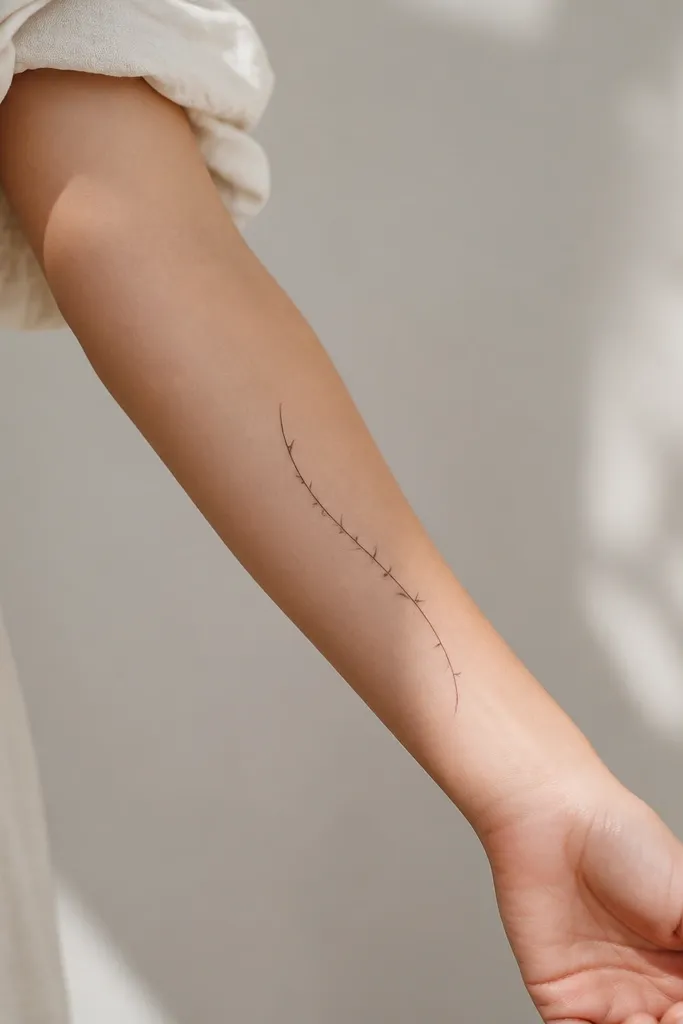 A thin curved branch of thorns drawn in fine black line ink along the inner forearm. Each thorn is a short angled point with small gaps between them, no shading.