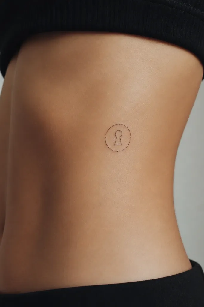 A keyhole outline inside a thin circular ring, with a short orbit line and a few tiny dot accents around the ring. The tattoo is on the side of the ribs, black ink, very fine lines.