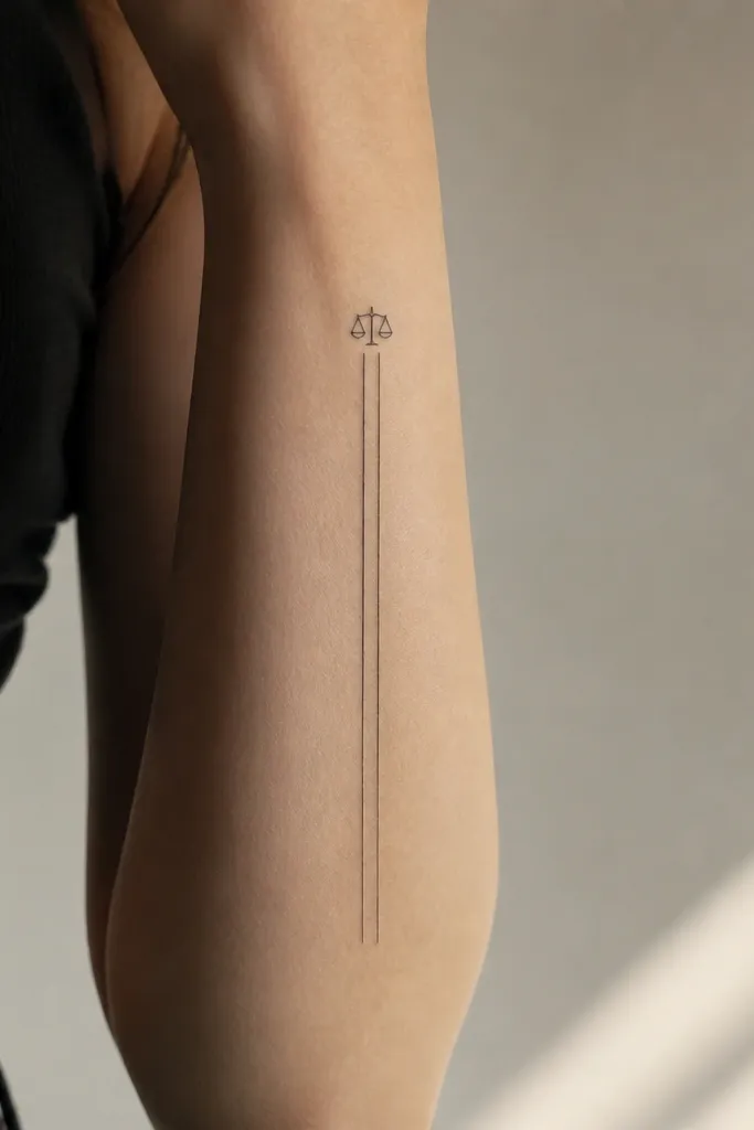 A vertical tattoo that looks like a thin book spine: two parallel lines with a tiny court symbol at the top. Placed on the center of the forearm, black ink only.
