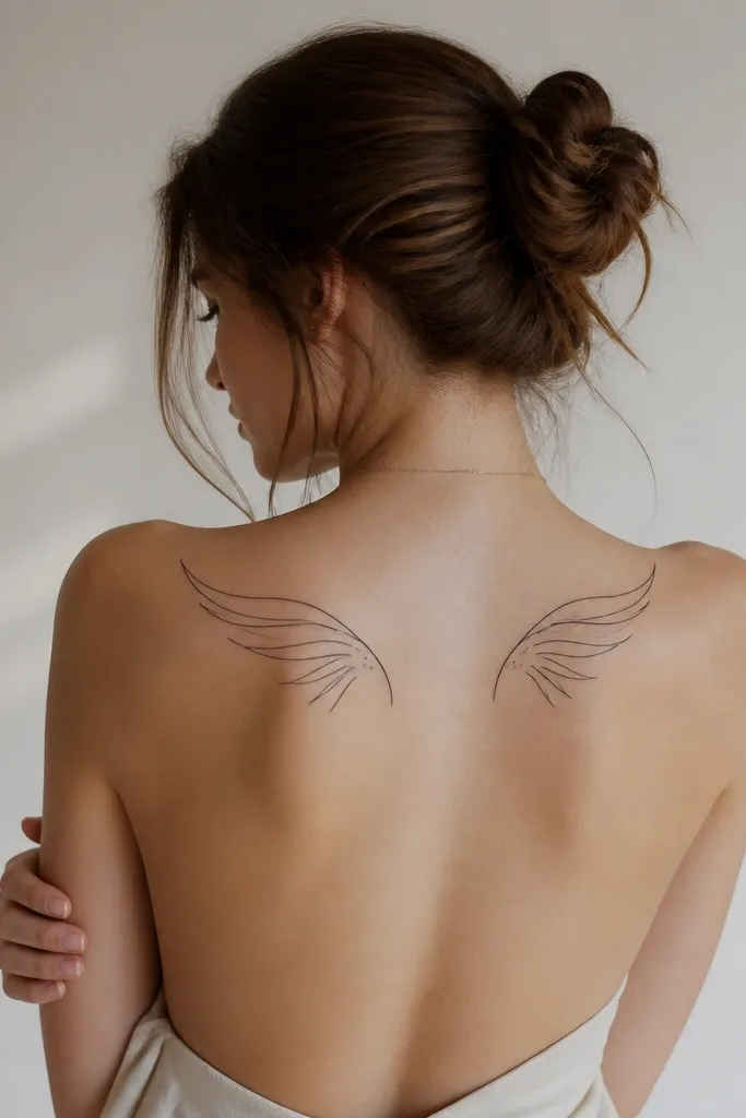 Two small wing shapes with a few long fine feathers outlined on the upper back. Each feather is a single line with a short inner line, minimal dots, black ink only.
