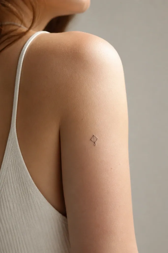 A very small fine-line symbol - a simple geometric glyph with a small loop - on the back of the upper arm. Black ink, sharp edges, lots of breathing room around it.