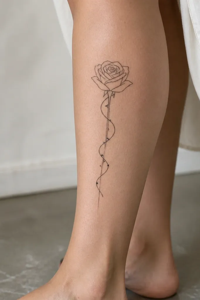 A line-only rose with a spiral stem and a few thorns, drawn in fine black line ink on the outer calf. The rose petals are defined with clean contour lines, no fill shading.