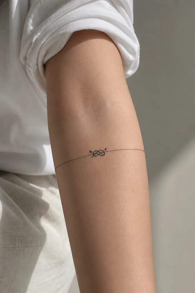 A thin horizontal line across the forearm with a small knot-like loop in the center and two tiny accent marks on either side. Fine black ink, minimal design, crisp negative space.