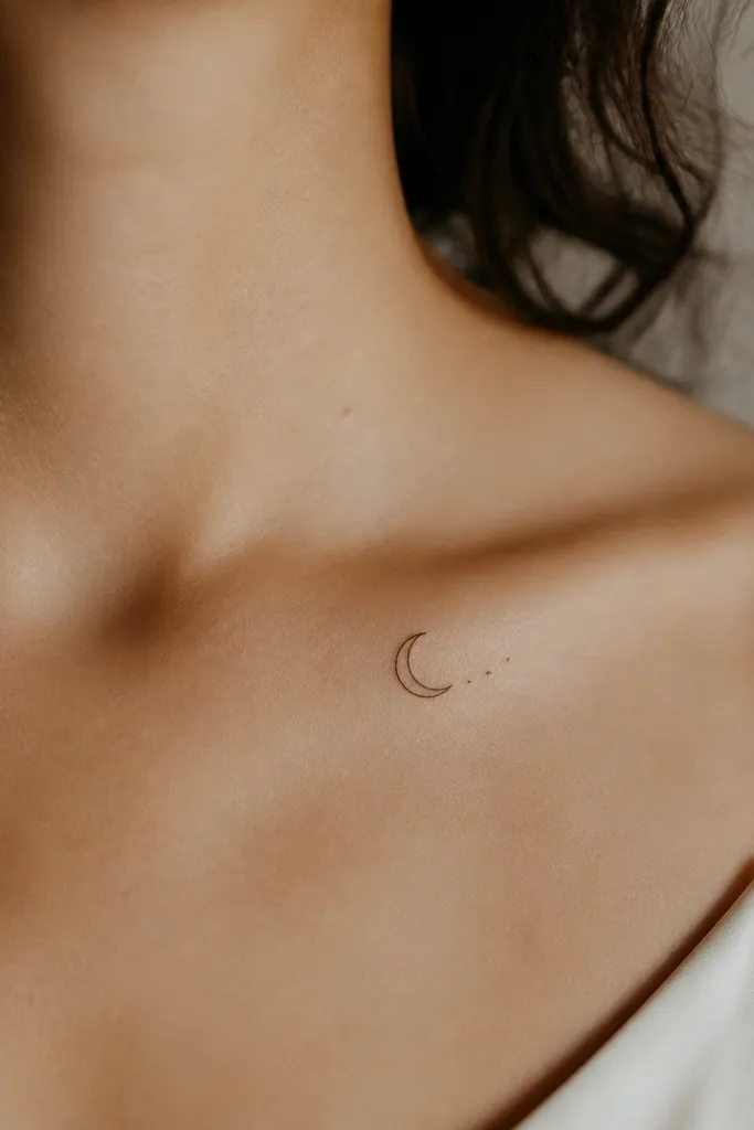 A crescent moon outline with a few tiny spark marks trailing off one end. Placed on the collarbone area, black ink, very fine lines with lots of space.