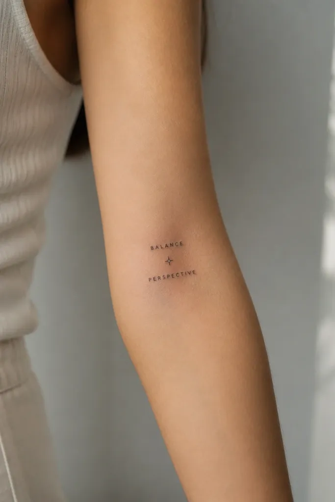 Two short lines of tiny all-caps text with a small symbol between them, placed vertically on the inner forearm. Fine black ink, clean letter spacing, no flourishes.