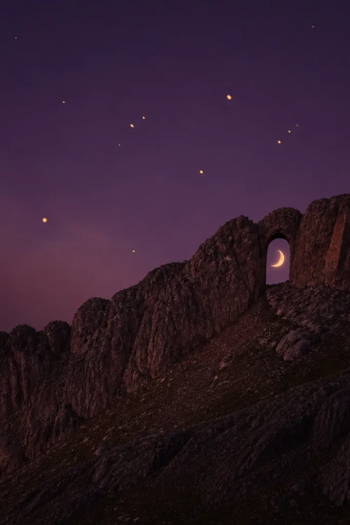 A mountain ridge with a small arched doorway shape carved into the silhouette. Behind the arch sits a crescent moon glow. The sky is dark purple with a few warm gold flecks like embers.