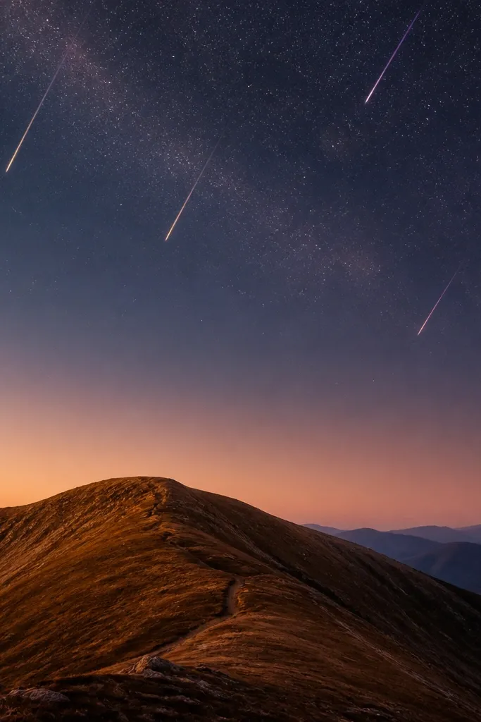 A warm brown mountain ridge with a gentle curve. Above it, several small starfall streaks descend at different angles. The streaks fade from pale gold to soft purple.