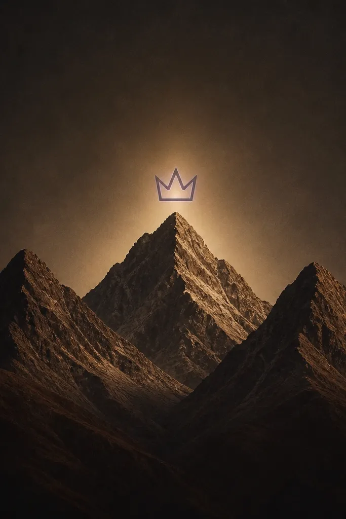 Three mountain peaks in warm brown and cocoa. Above the center peak sits a small crown silhouette with a soft purple outline and a warm glow behind it. The sky is dark with faint grainy shading.