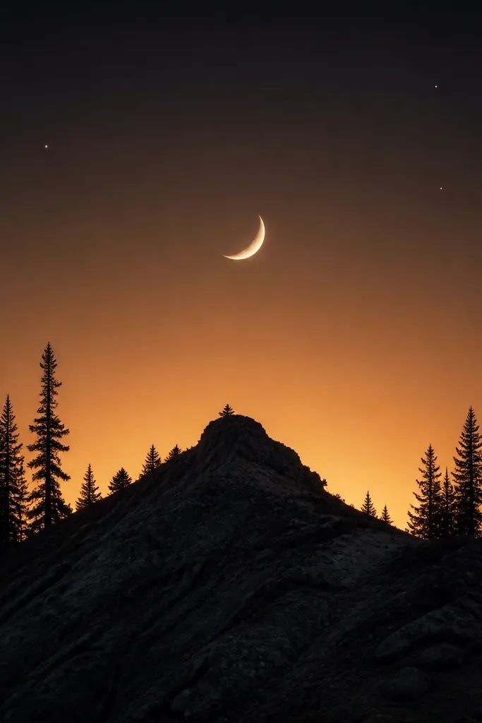 A mountain ridge with thin pine silhouettes on both sides. The sky behind the ridge has a crescent moon and a warm gold halo. A few tiny stars sit between the pines.