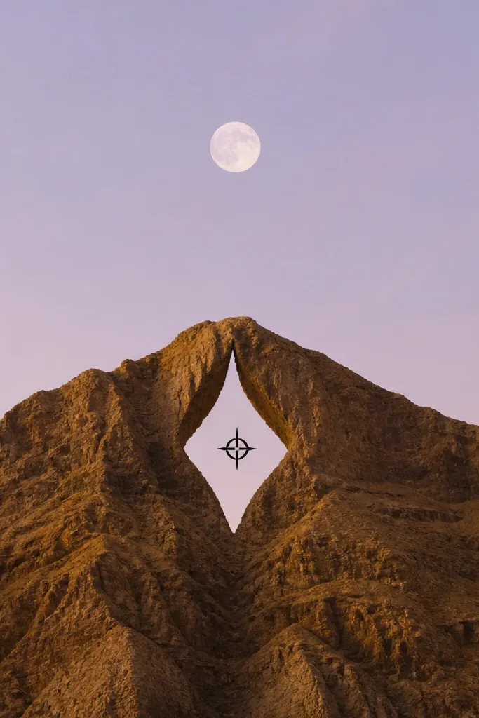 A warm brown mountain ridge with a carved-out negative space shape in the center. Inside the negative space is a small black sigil-like symbol. The sky has a very light purple haze around the moon.