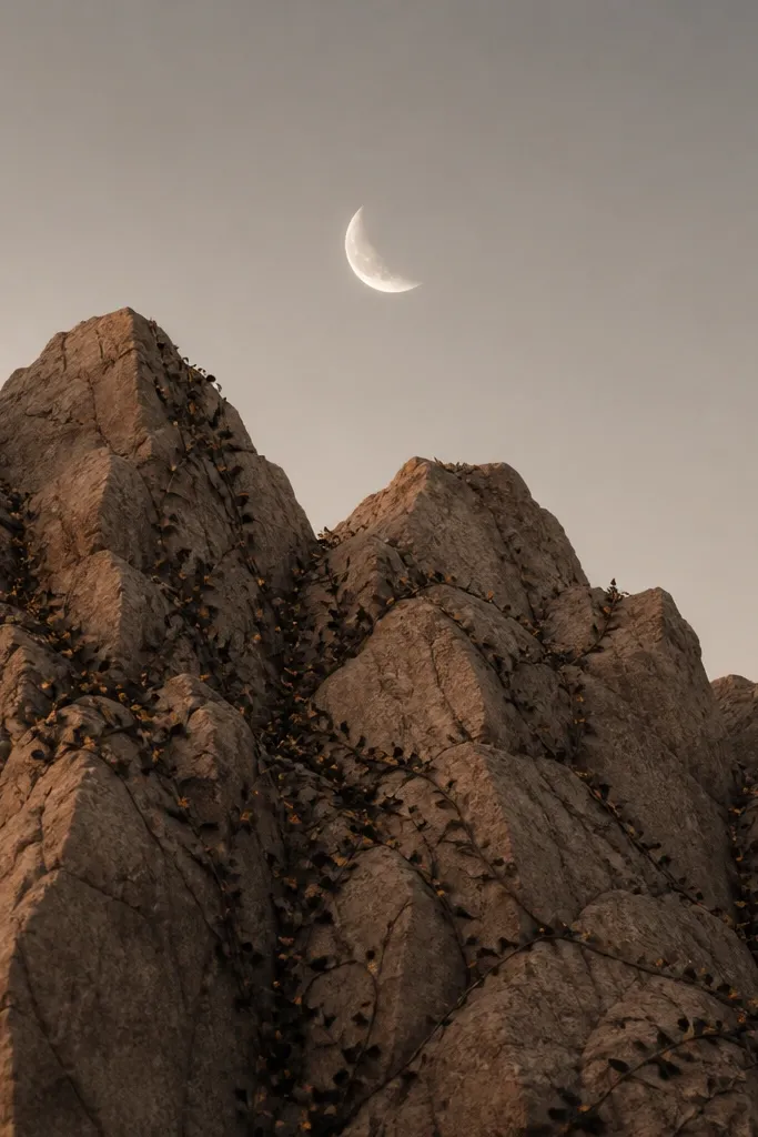 A mountain ridge shaded like warm stone with thin vine lines creeping over it. A small crescent moon hangs above the ridge. The vines are ink-black with tiny gold highlights.
