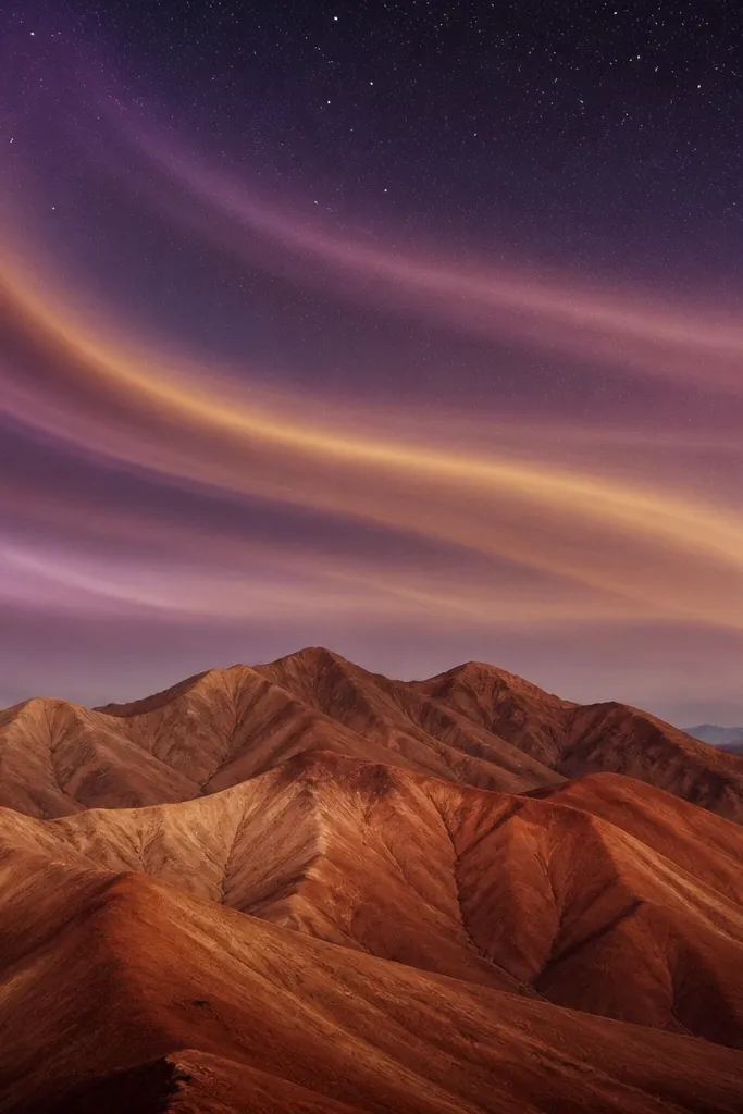 Warm terracotta mountains with smooth shading. Above them, sweeping aurora-like bands in muted purple, plum, and a touch of warm gold arc across the sky. Tiny star dots sit at the top edge.
