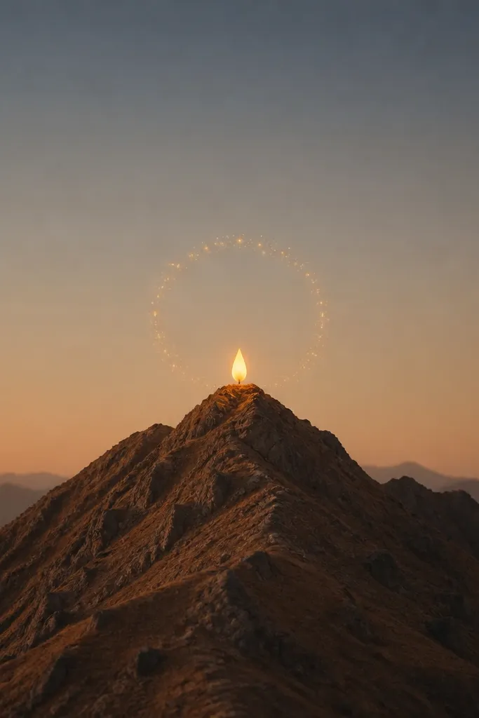 A mountain ridge in warm brown. At the center of the ridge sits a small candle flame shape in gold and soft orange. A ring of tiny stars forms a halo above the flame.
