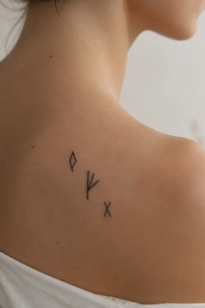 Three compact rune-like symbols stacked diagonally in black, with one symbol slightly larger and all grouped like a small constellation.