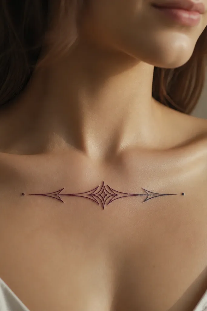 A single sigil in deep plum with a black outline, placed horizontally along the collarbone, with tiny dot accents on each end.