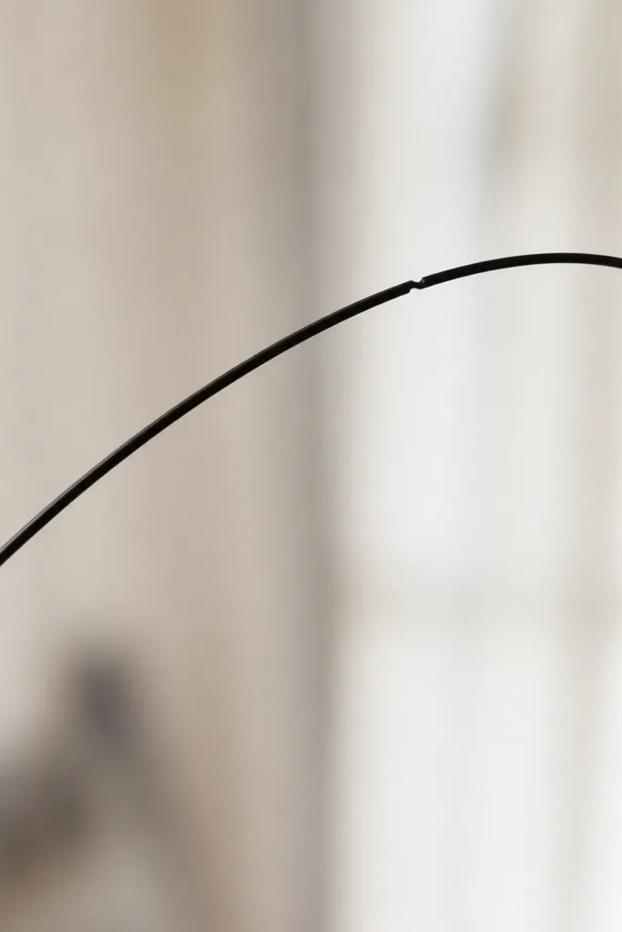 A clean black curved line like a bow string ending in a teardrop tip, with one tiny notch near the curve.