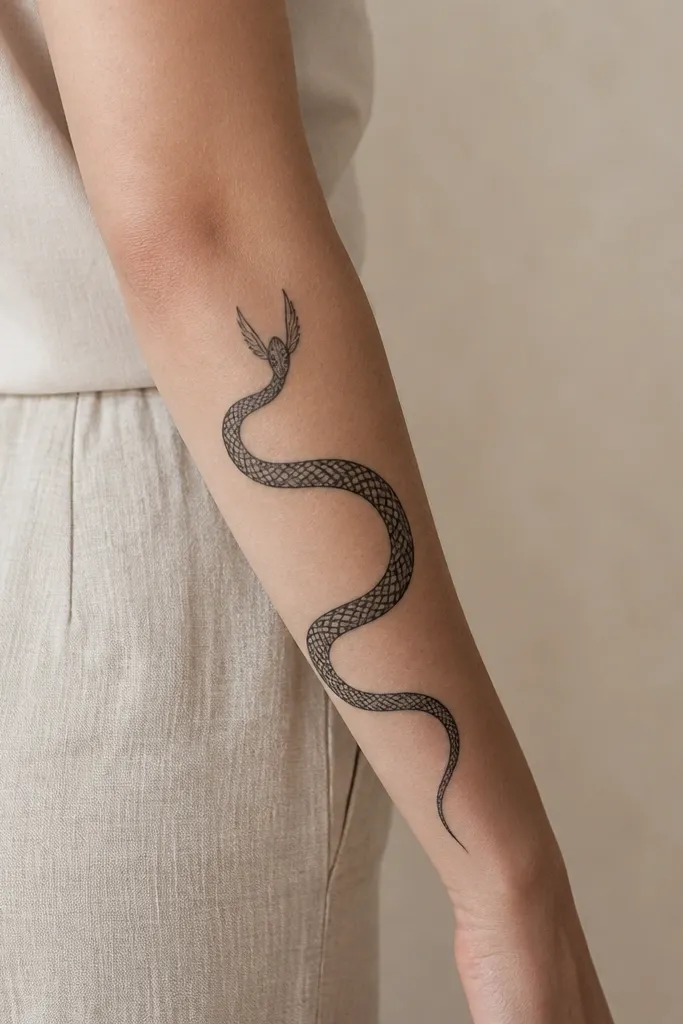 A black serpent with small winglets on its head, wrapping around the outer forearm in a loose S curve, with minimal shading.