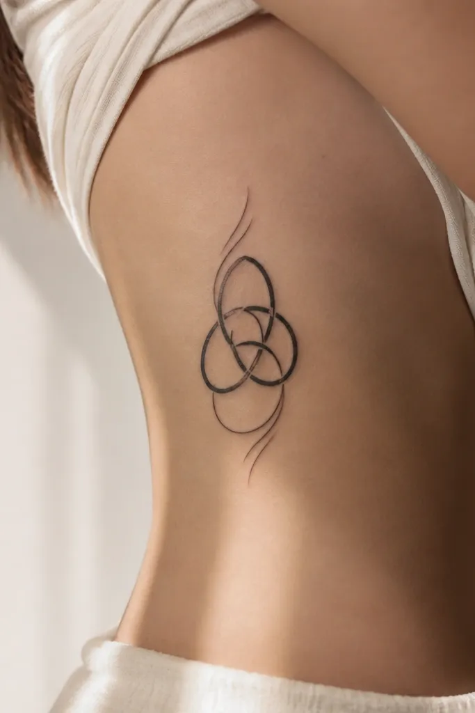 A black knot-like symbol made of three interlocking loops, placed vertically along the side of the ribcage, with slight curve lines at the edges.