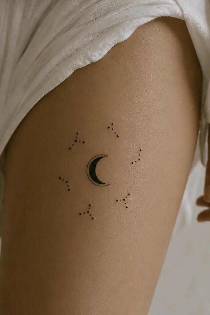 A black crescent moon with a thin outline, surrounded by 6 small dot clusters like constellations, placed on the upper thigh.
