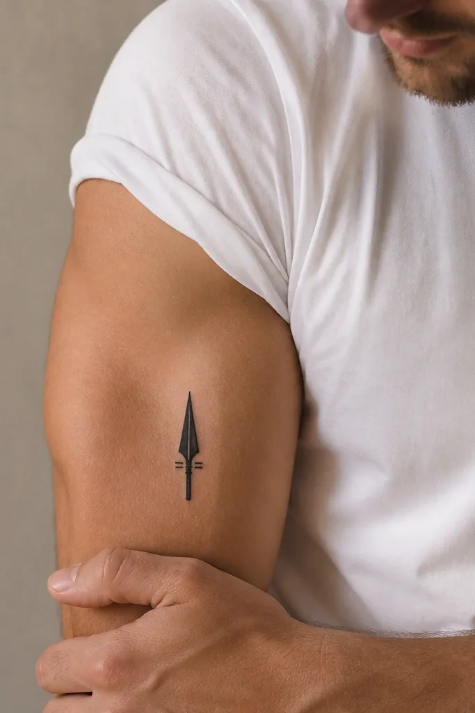 A pointed spearhead icon in black with two small bar lines on the sides, centered on the inner bicep.