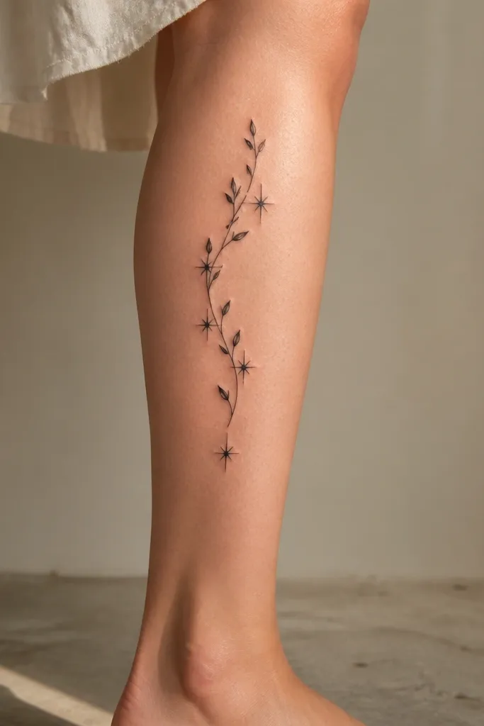 A black vine running diagonally with small star accents at three points, placed on the outer calf.