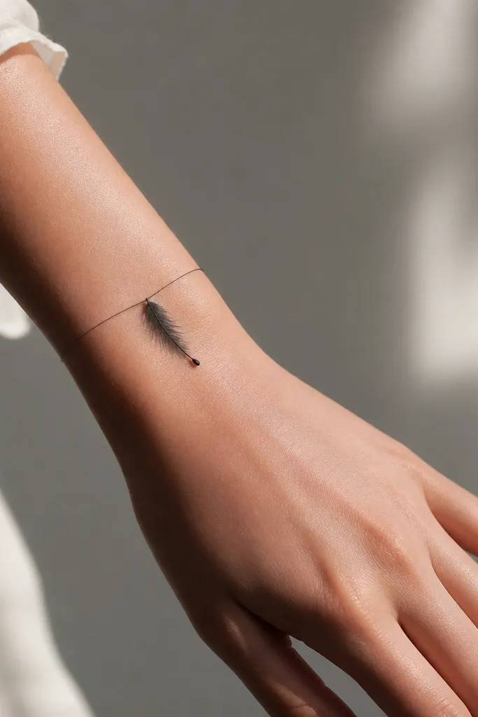 A tiny black feather attached to a thin threadline that loops around the wrist like a bracelet, with a single dot at the feather tip.