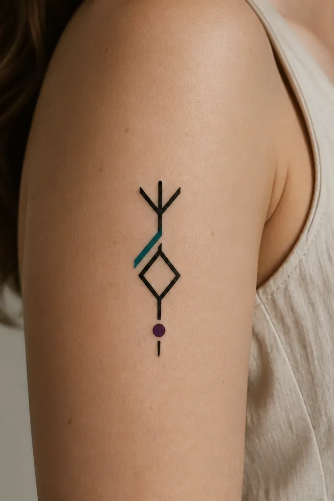 A black rune symbol with a single accent stripe in teal and a small plum dot, placed on the upper arm.